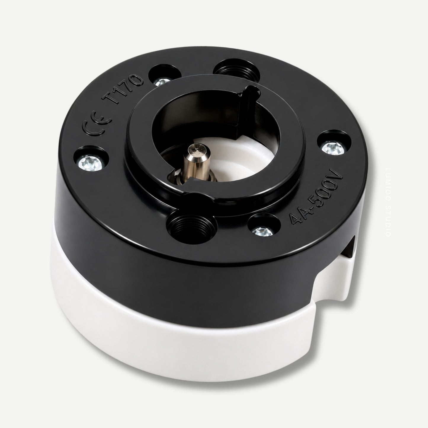 Black and white mechanical component on a light gray background