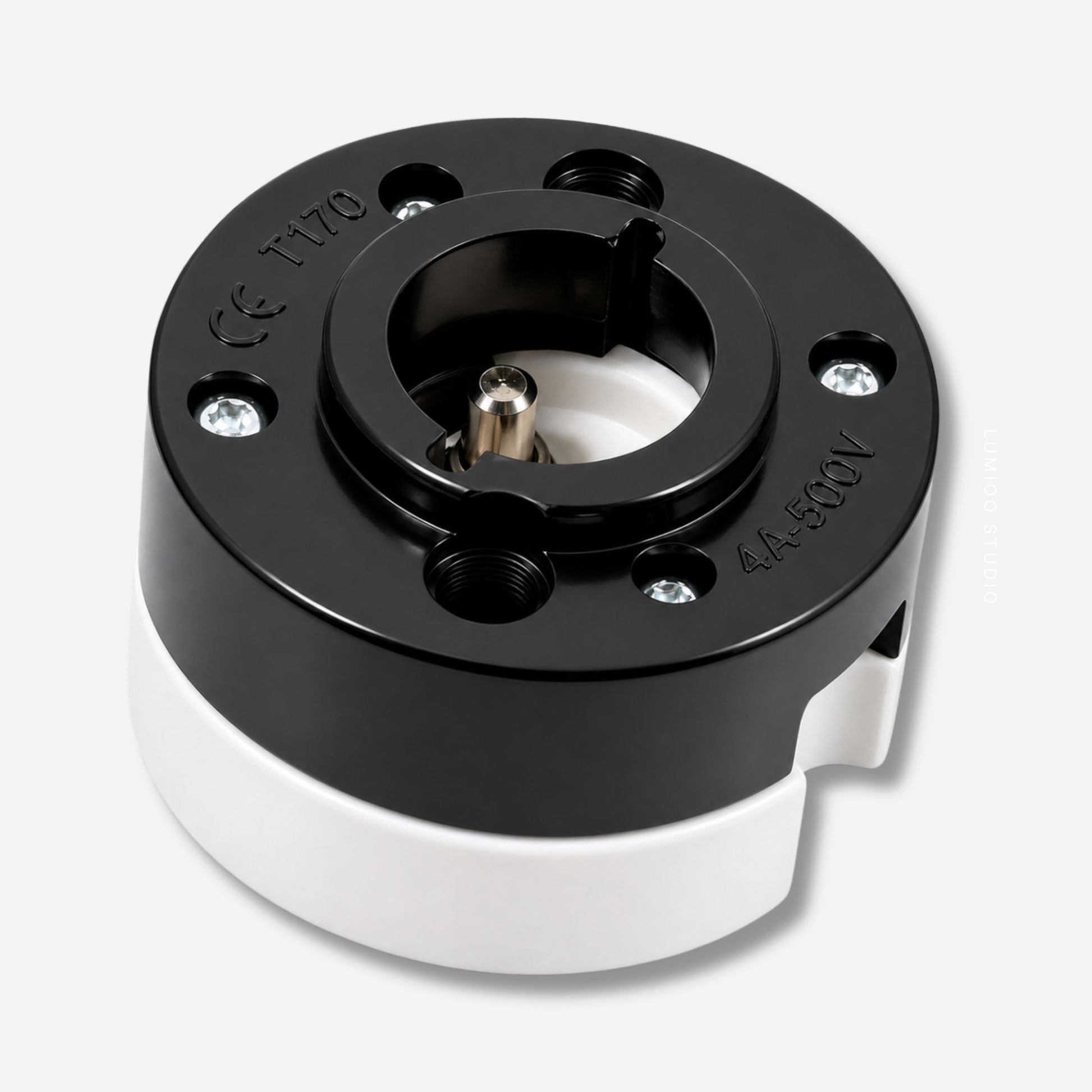 Black and white mechanical component on a light gray background