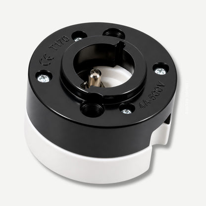 Black and white mechanical component on a light gray background